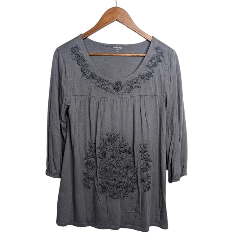 Garnet Hill Embroidered Floral Peasant Top Medium Grey Folkloric Cottagecore